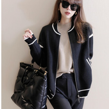 秋冬季日韩新款简约撞色设计针织棒球服外套女小个子宽松休闲开衫