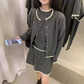 100纯羊毛半裙短袖开衫三件套女式圆领毛衣衫秋冬新款时尚潮流风