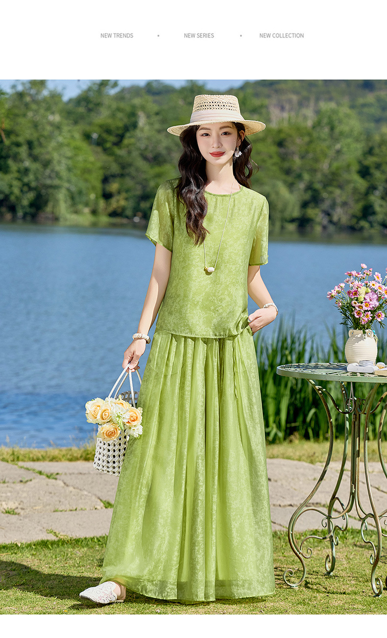 Bộ quần áo hai mảnh sơ mi hoa văn nổi quần ống rộng phong cách Trung Quốc mới — Xanh lá cây nhạtcolor, màu trắng chi tiết 19