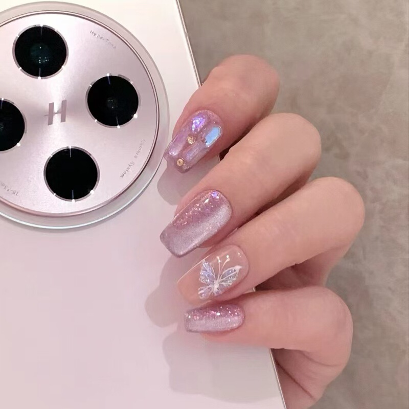 Hand-Wearing Armor Atmosphere Short Simple White Cat's Eyes Flash Gentle Wind Butterfly Pure Nail Art Removable