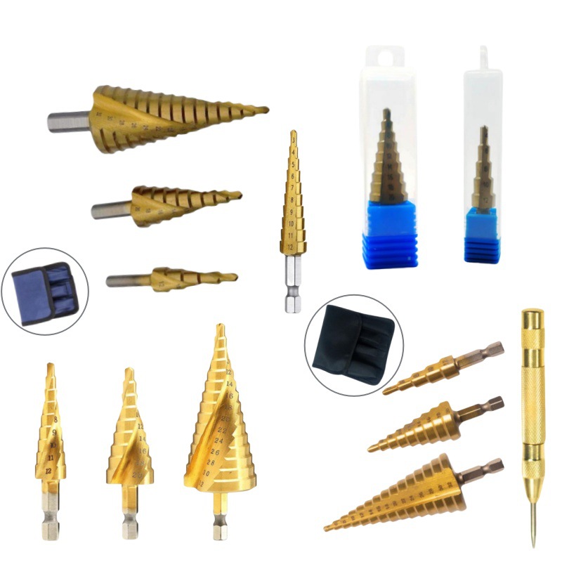 Alta VELOCIDAD DE ACERO pagoda taladro recto ranura mango hexagonal titanio-plateado paso taladro escariado agujero abridor bolsa de tela traje paso Taladro