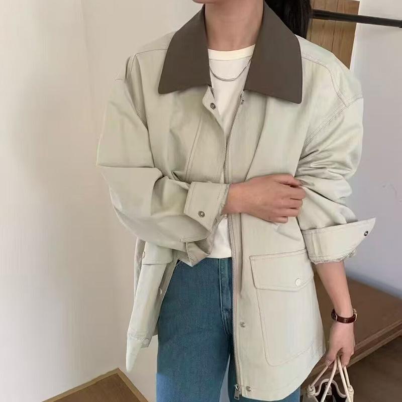 撞色翻领宽松韩系中长款风衣外套2025春季新款百搭高级感夹克上衣