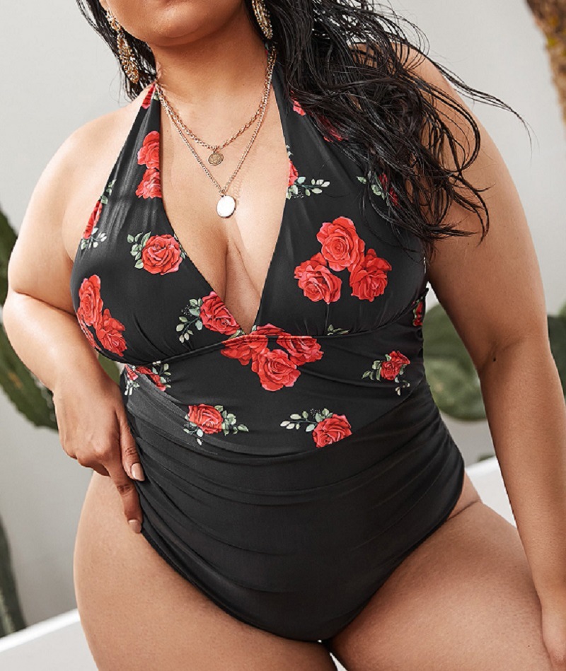 plus size hanging neck backless flower print one-piece swimsuit NSVNS117878