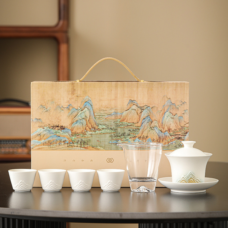 Premium Tea Set with Lid Bowl Gift Set, Chinese Style Rustic Ceramic White Teapot and Four Cups