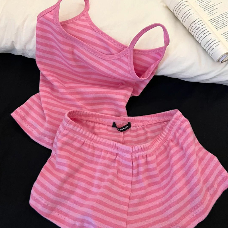 Lazy Dopamine Pink Striped Camisole Pajamas for Women 2026 Summer New Sweet Shorts Loungewear Set