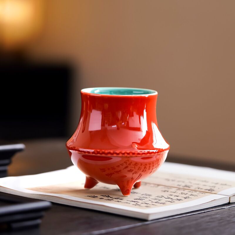 Forbidden City Red Three-Legged Jingshui Tea Wash Household Ceramic Classy Tea Wash Basin Water Basin Tea Set Tea Set Accessories Tea Residue Tank