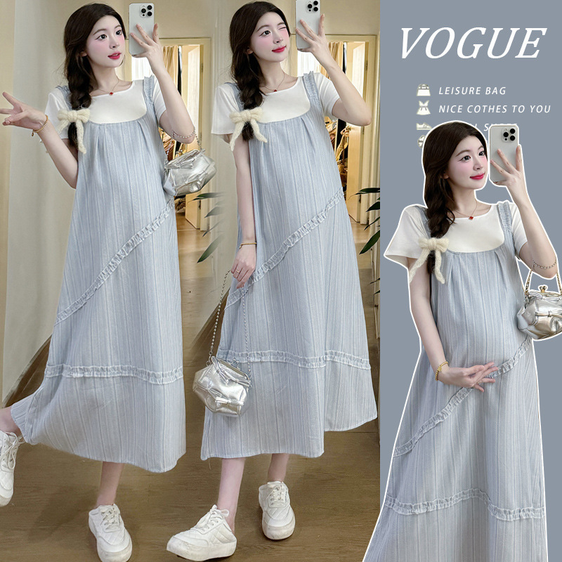 Maternity Suit Short-Sleeved Thin Top Korean Style Loose Belly-Covering Slimming Suspender Skirt Two-Piece Set Trendy Mom New Summer Maternity Suit Short-Sleeved Thin Top Korean Style Loose Belly-Covering Slimming Suspender Skirt Two-Piece Set Trendy Mom New Summer