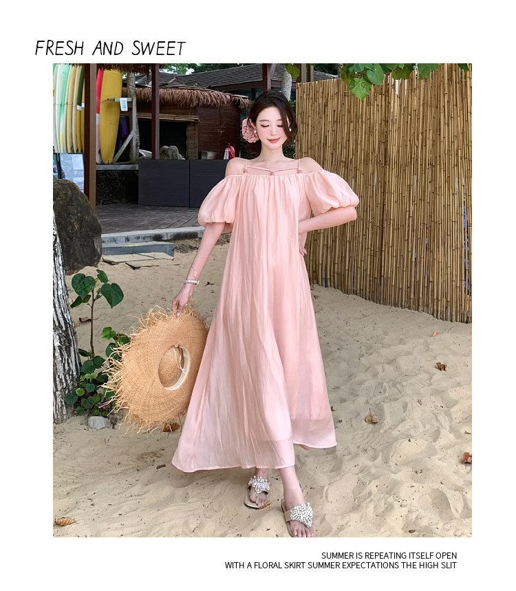 Off Shoulder Short Sleeve Vacation Dress For Summer Holidays_voghion.com