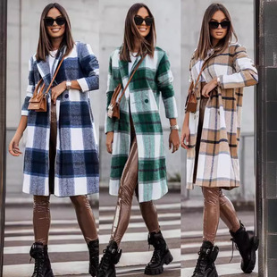 2023 Amazon AliExpress Europe and the United States new fashion sanding long plaid wool coat women