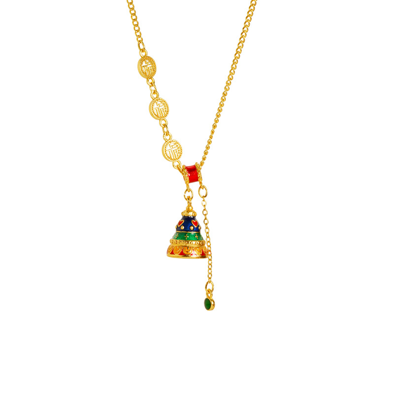 Collar de oro de arena antigua vietnamita, sentido de diseño, esmalte de color, campana, colgante de borla, joyería retro femenina que no se desvanece durante mucho tiempo