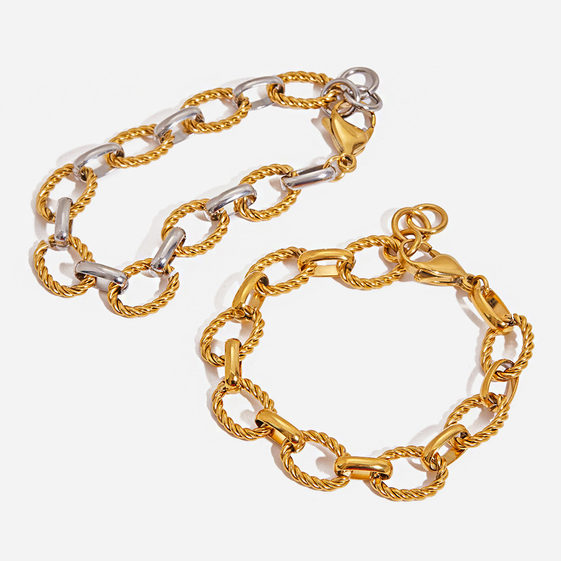 Quiet and Elegant Design, Modern Normcore 18K Gold Stainless Steel Gold and Silver Color Matching Hemp Pattern Glossy Cross Chain Bracelet