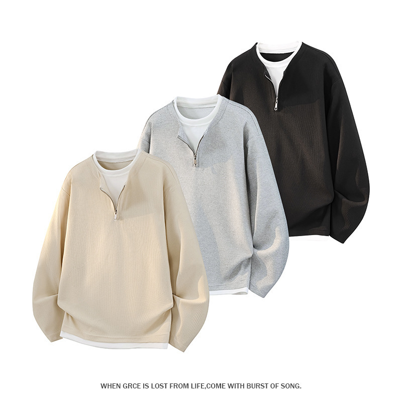 Cross-border patchwork faux two-piece half-zip knit sweatshirt, new autumn/winter men's Japanese-style loose, stylish, versatile trendy top