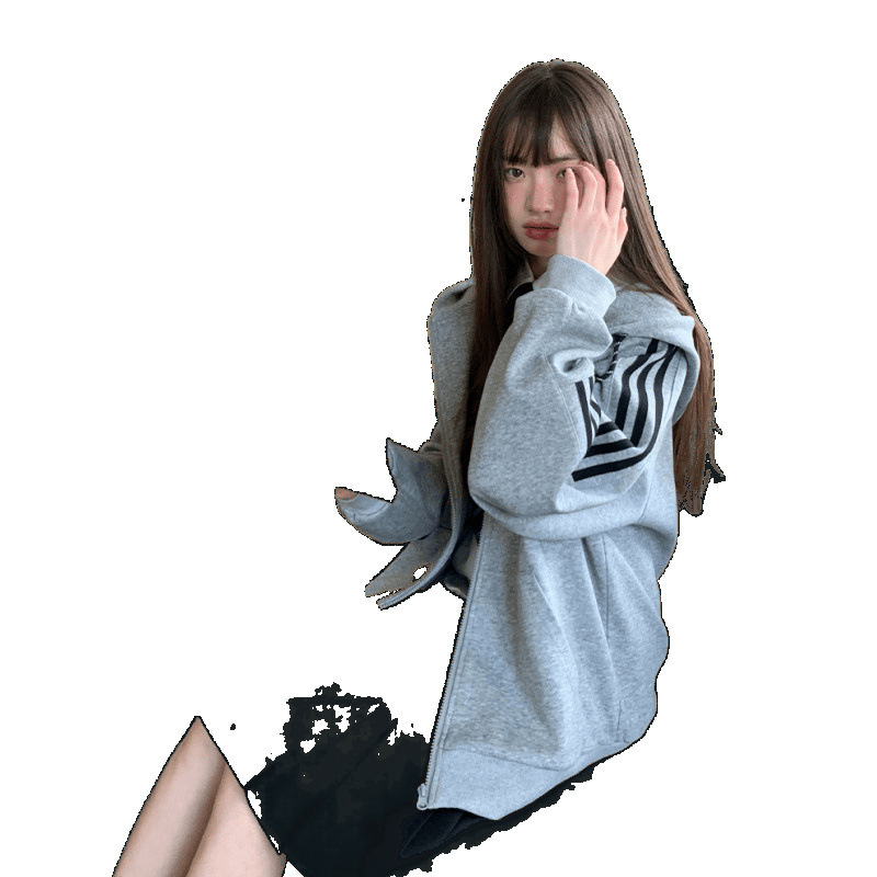 三条杠卫衣女连帽外套2025春季新款拉链开衫宽松学院风灰色上衣秋|undefined