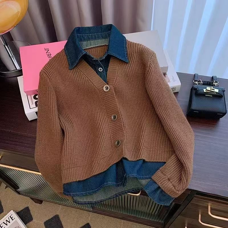 新款假两件针织衫拼接翻领牛仔百搭复古秋冬长袖毛衣外套上衣2025|undefined