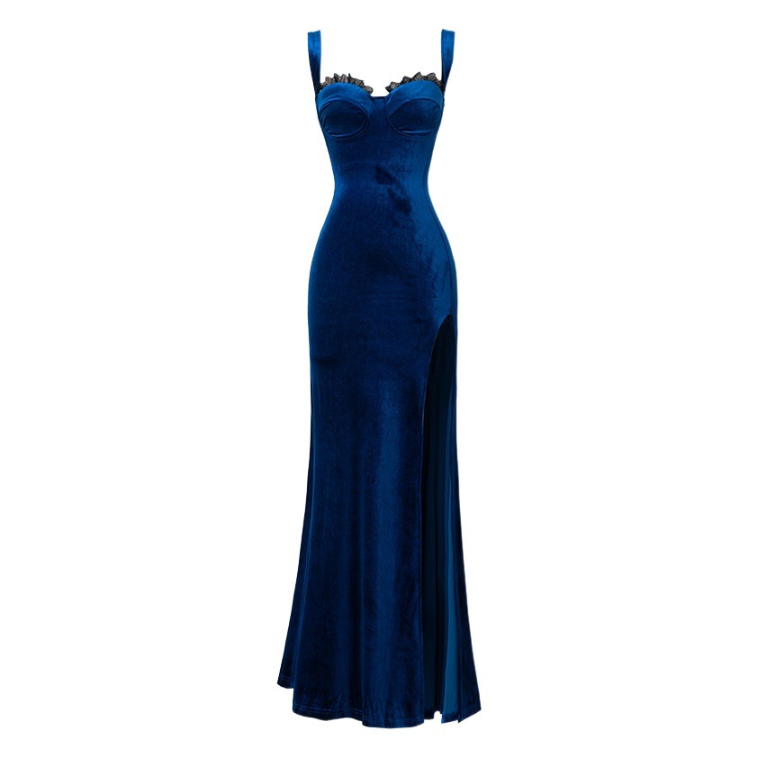 2026 Autumn/Winter Sexy Low-Cut Velvet Deep V Dress Elegant Slim-Fit Strap Long Dress Light Luxury Gown