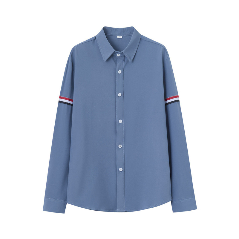 Cross-Border Hot-Selling Long-Sleeve Shirt with Double-Sleeve Placket, Red, White, and Blue Webbing, Unisex Design, Pocket Decoration, Stylish White Shirt