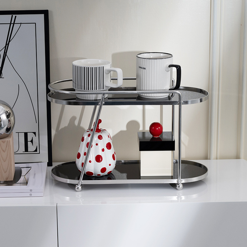 二重のデスクトップの棚のクリーム色のアクリル化粧品のコップの棚の化粧台の台所の机の上の収納棚