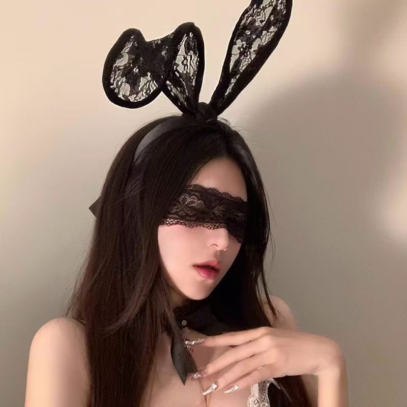 Lace Cat Ear Headband for Women with Eye Mask and Bell, Black Cosplay Hair Accessory — detail image 1