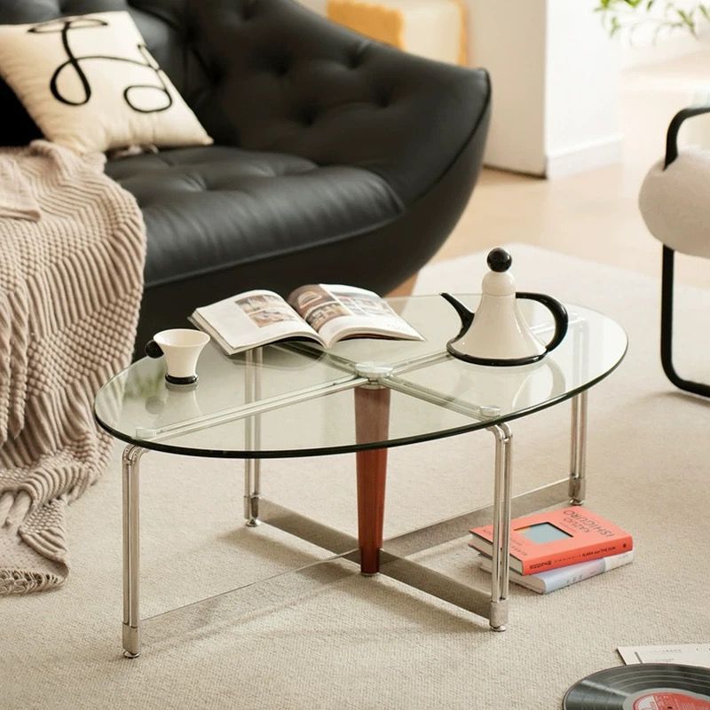 Bauhaus retro mesa de té de acero inoxidable sala de estar ovalada mesa de té de vidrio temperado simple y moderna image 4