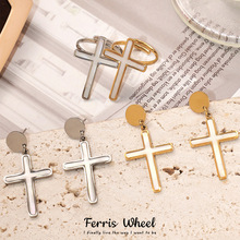 摩天轮欧美时尚十字架白贝耳坠耳钉钛钢镀18K金开口戒指饰品套装