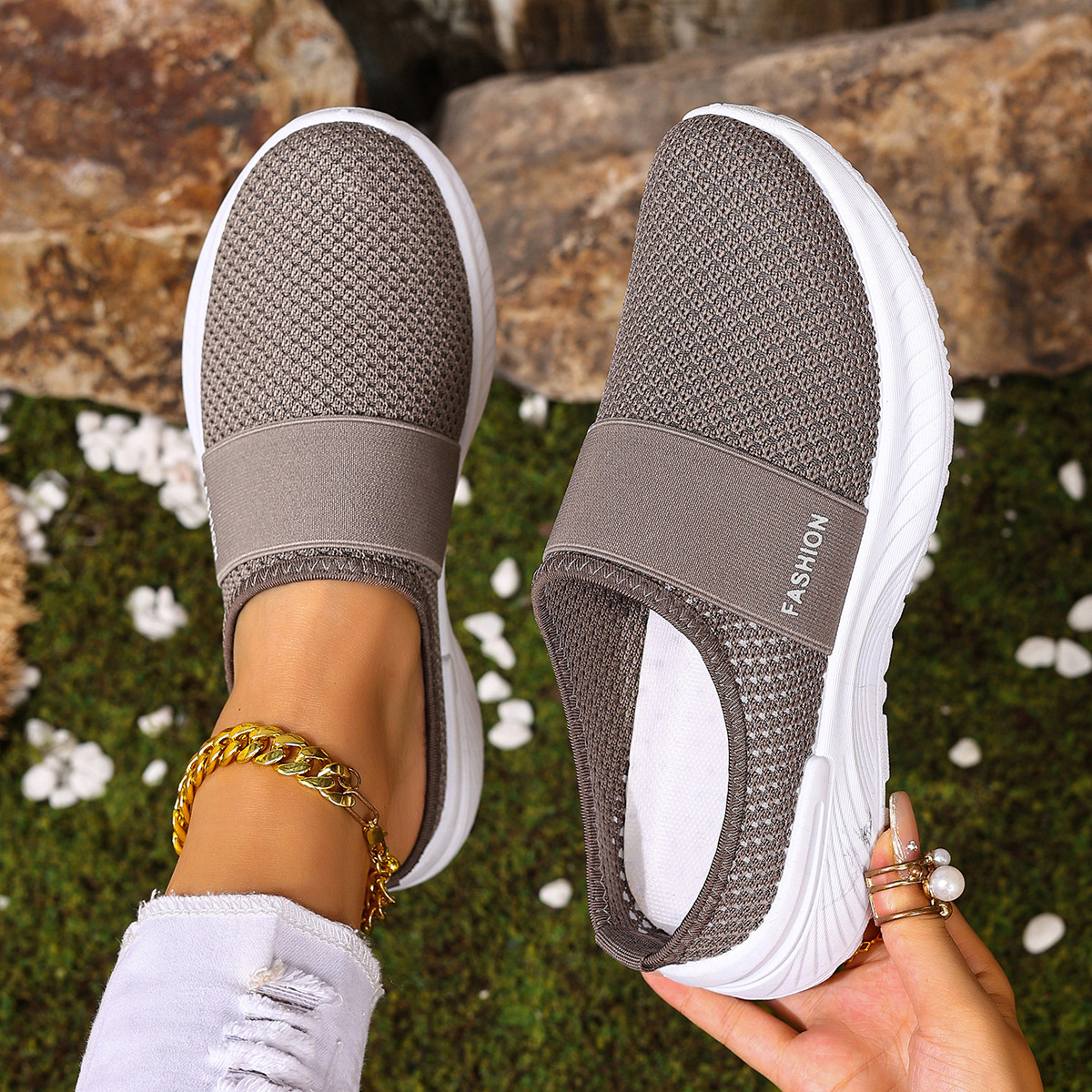 Women's Half-Slip Casual Shoes, Large Size Women's Shoes, Fly-Knit Mesh Shoes, Slip-On Shoes, Amazon Fba Dropshipping