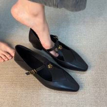 羊皮版~百搭真皮一字带扣镂空单鞋女复古山茶花粗跟通勤玛丽珍鞋