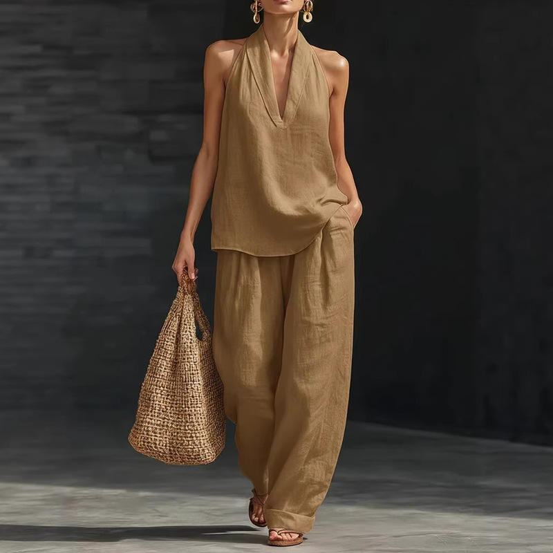 2026 New European and American Style Sleeveless Loose Shoulder-Strap Set for Women, Summer Casual Wide-Leg Pants Two-Piece Fashion Trendy Set