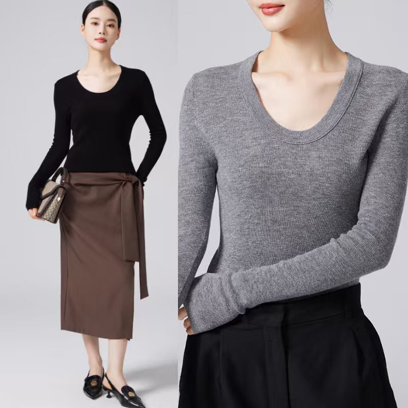 100% Merino Wool Sweater for Women, 2026 Early Autumn New Style, Slim Fit, Solid Color Base Sweater, Elegant and Versatile U-Neck Sweater