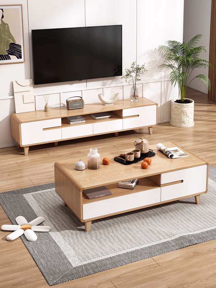 Tv Cabinet Living Room Home Small Apartment Modern Simple Coffee Table Combination Wood Color Rounded Solid Wood Legs Tv Cabinet