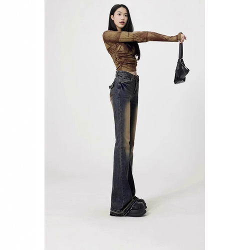 Vintage embroidery high street tapered jeans for women plus size heavy girls autumn rinse slimming elastic high-waisted floor-length pants for winter