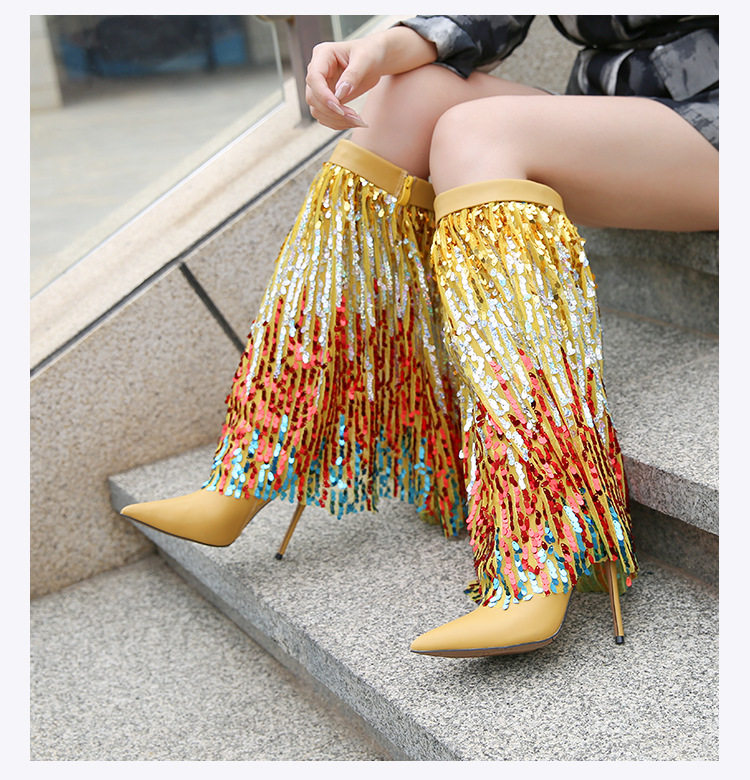 Bốt nữ cao gót mũi nhọn đính sequin phối khóa kéo bên hông, gót siêu cao — Màu hồng, màu vàng, màu đen, màu đỏ chi tiết 20