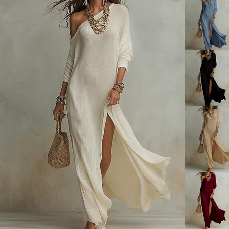 Off-Shoulder Long-Sleeve Knit Maxi Dress with Slit, European and American Style Vacation Dress, Loose and Flowy Long Dress for Women Off-Shoulder Long-Sleeve Knit Maxi Dress with Slit, European and American Style Vacation Dress, Loose and Flowy Long Dress for Women