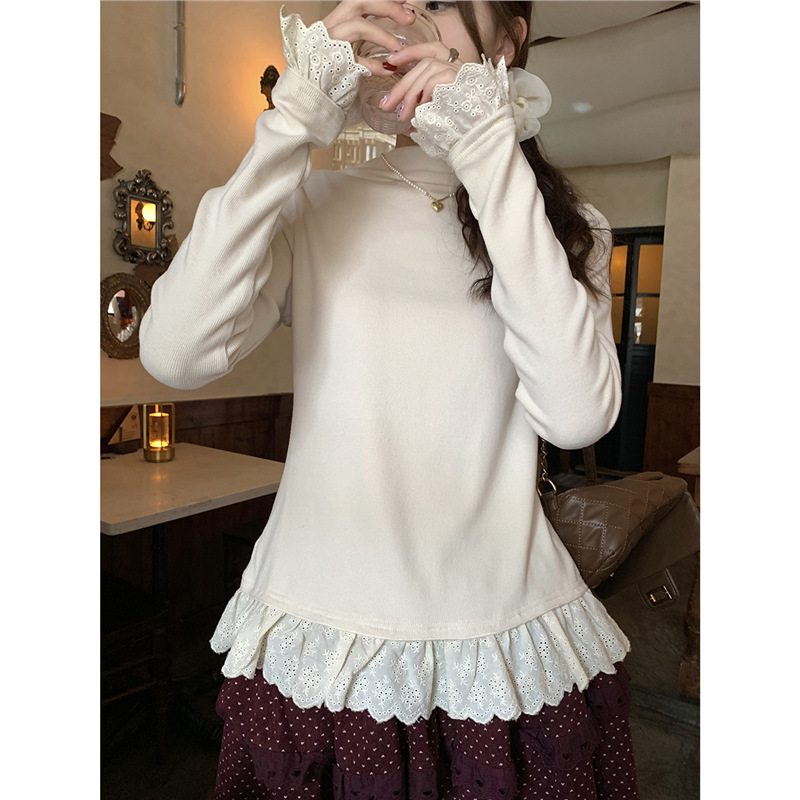 New Korean Style Sweet All-match Half-turtleneck Lace Stitching Base Shirt Top Women's 2024 Autumn and Winter New