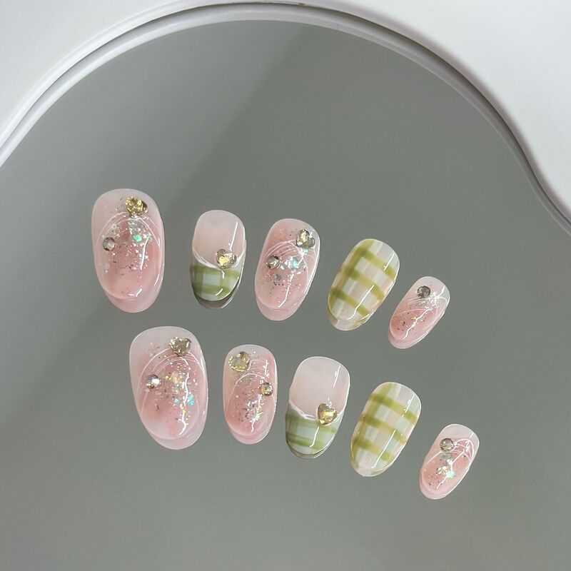Handmade wear nail girl pink French lines classic plaid white student nail piece detachable and repeated use