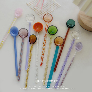Creative Milk Dessert Spoon Color Transparent High Temperature Glass Cute Long Handle Spiral Coffee Mixing Spoon Spoon