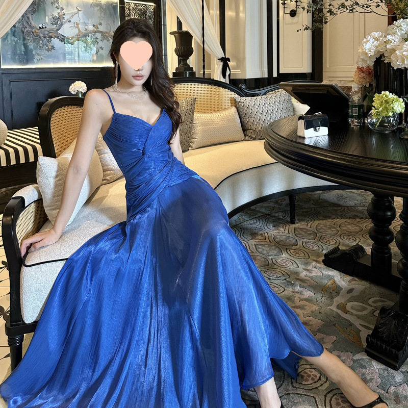 Klein Blue Bright-Colored Spaghetti Strap Dress for Birthday, Adult Ceremony, Important Occasions, Beach Vacation Photos