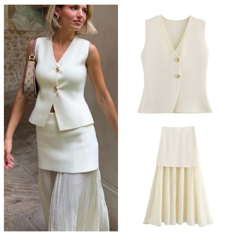 Cross-Border Summer Women's New European and American Style Suit Dress Solid Color Slim Knitted Vest Top Skirt