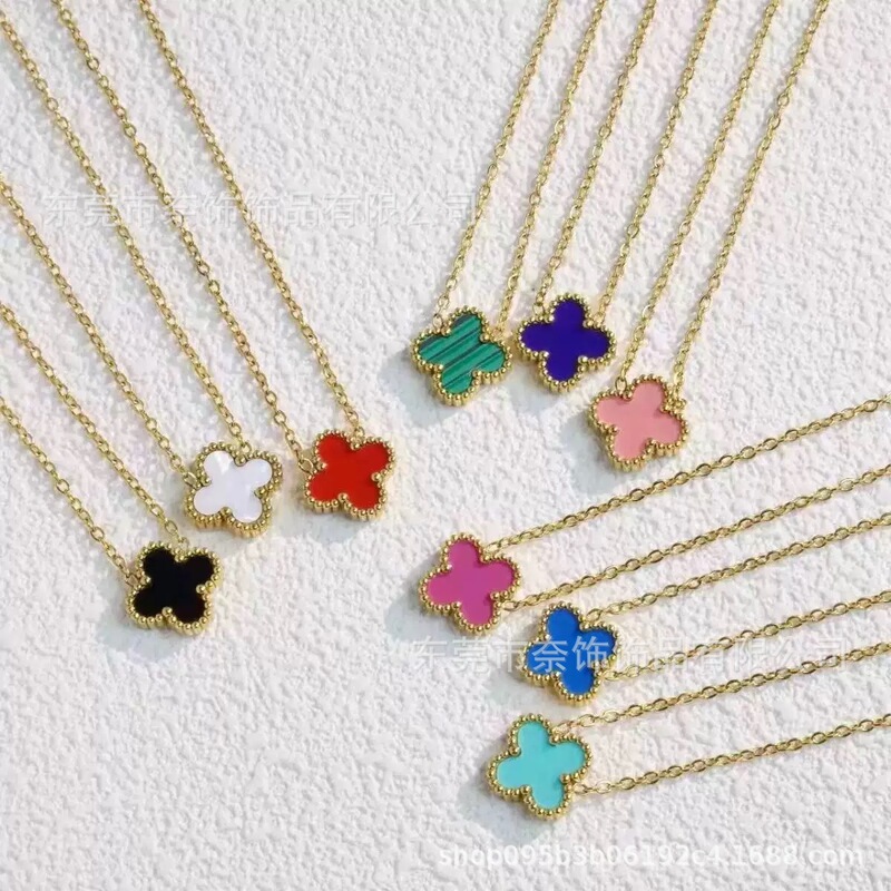 Cross-Border Hit Titanium Steel Lucky Clover Necklace 18K Double-Sided Mother-Of-Pearl High-End Clavicle Colorful Necklace Fashion Ins