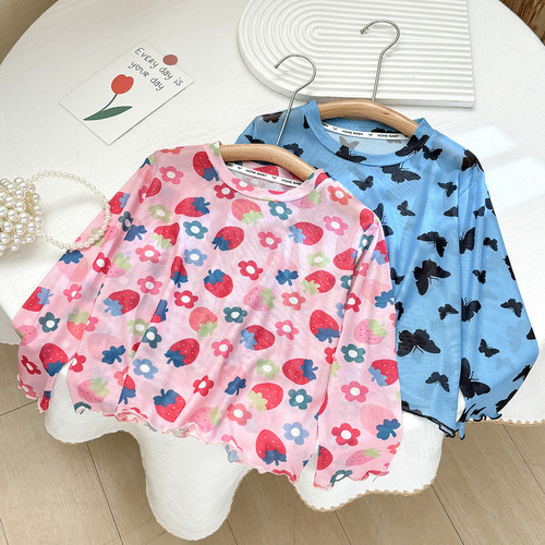Girls' Summer Sun-Protective Base Layer Shirt | Kids' Dopamine-Print T-Shirt | New Mesh Ice Silk Long-Sleeved Skin-Friendly Top