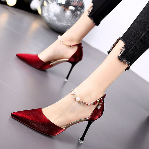 Pointed-toe high-heeled shoes for women  summer new style hollow sandals stiletto burgundy single shoes one-line buckle high-heeled sandals