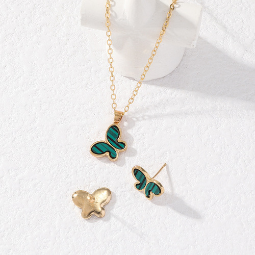 Cross-border green striped butterfly niche personality temperament light luxury high-end sense Instagram three-piece set women's jewelry set