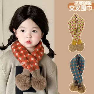 复古风格子儿童针织围巾秋冬新款男女童围脖保暖宝宝毛线脖套