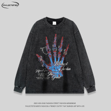 美式复古做旧洗水骨头印花长袖T恤男潮牌宽松hiphop高街外打底tee