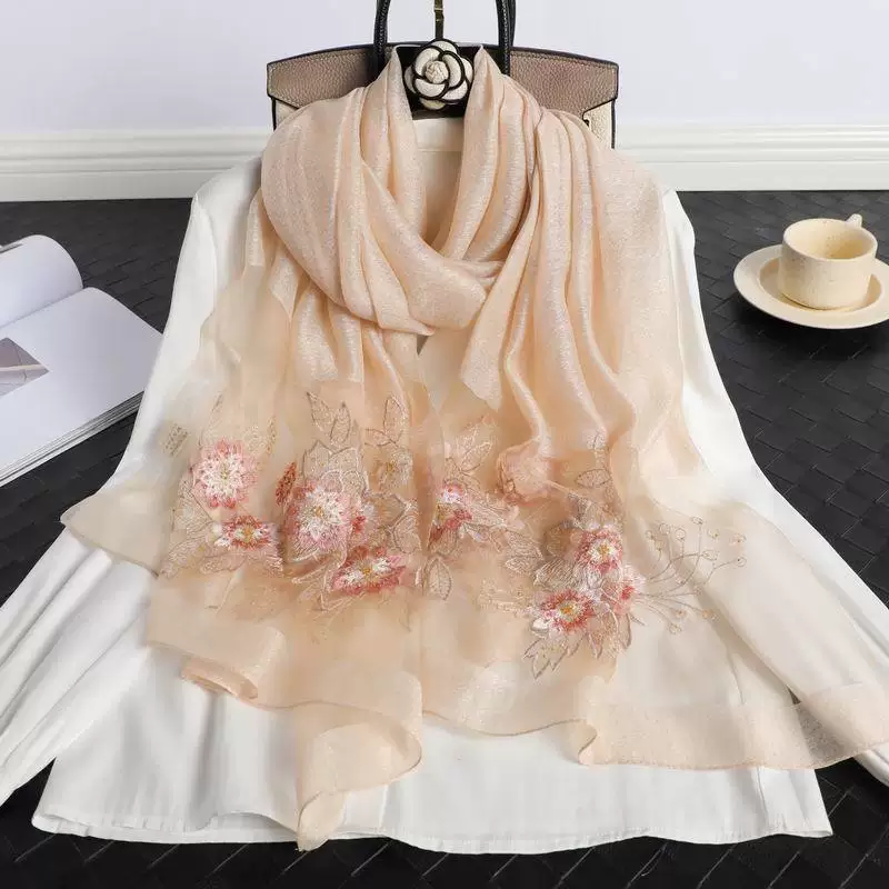 Silk universal scarf, with embroidery