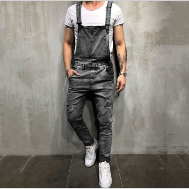 Amazon nuevos hombres casuales estilo coreano jeans suspender jumpsuit retro Pantalones