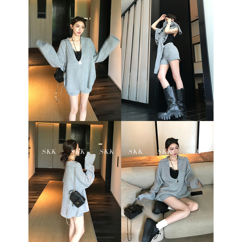 Skk Store 自在起居 松弛感羊毛大V领坑条针织衫短裤休闲套装女秋|undefined