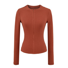 高克重坑条螺纹隐形拉链修身运动长袖t恤秋季显瘦健身瑜伽服外套