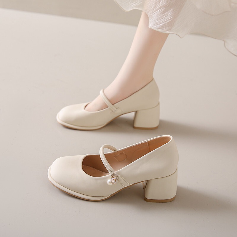 Square-Toe Mary Jane Women's Shoes 2026 Autumn New Fashion Versatile French-Style Mid-Heel Single Shoes Small Leather Shoes High Heels