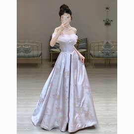 一字肩订婚礼服裙女高端轻奢小众宴会气质主持成人礼晚礼服高级感