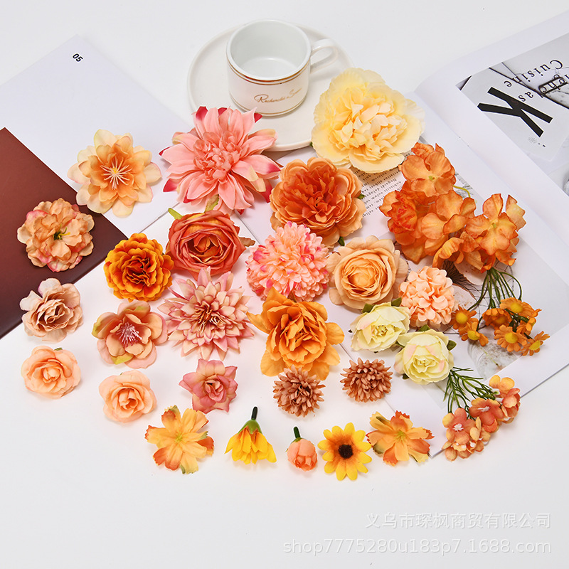 Orange Simulation Flower suit Rose Peony Fake Flower Silk Flower Antique Headwear DIY Hairpin Flower